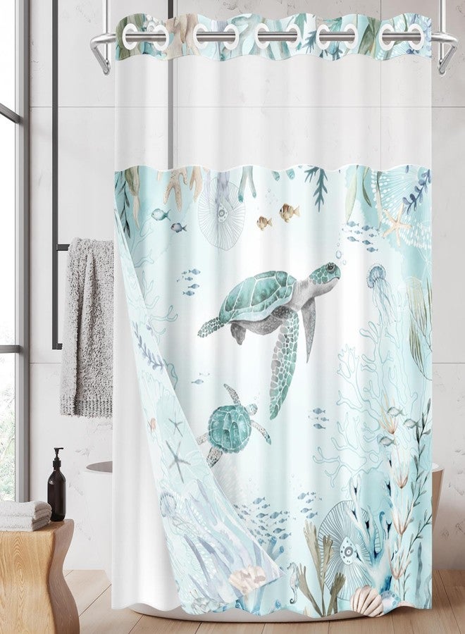 Nesphy No Hook Nautical Blue Sea Turtles Shower Curtain with Snap in Fabric Liner Set, Ocean Beach Double Layers Waterproof Fabric with See Through Top Window Open Grommet Bath Curtain 71x74 Inch - Image 1